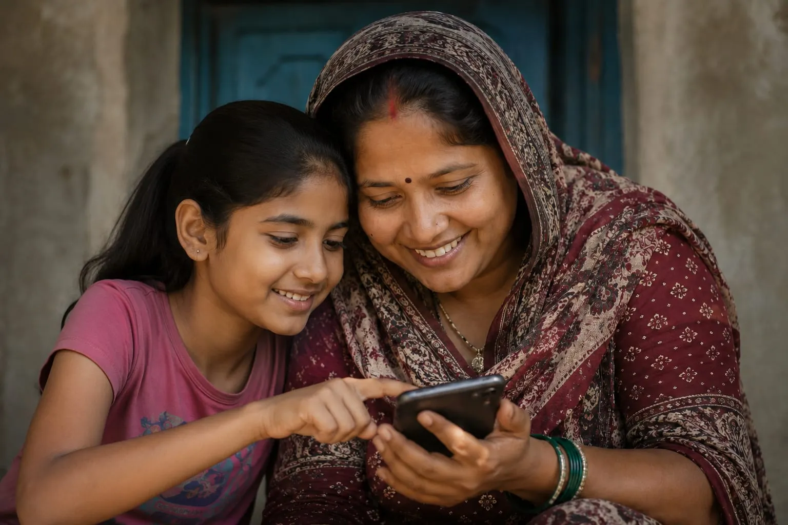Woman in a village smiling while using a smartphone, supported by Aakar Social Ventures She Leads AI program