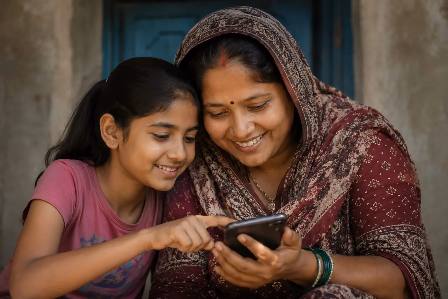 Woman in a village smiling while using a smartphone, supported by Aakar Social Ventures She Leads AI program